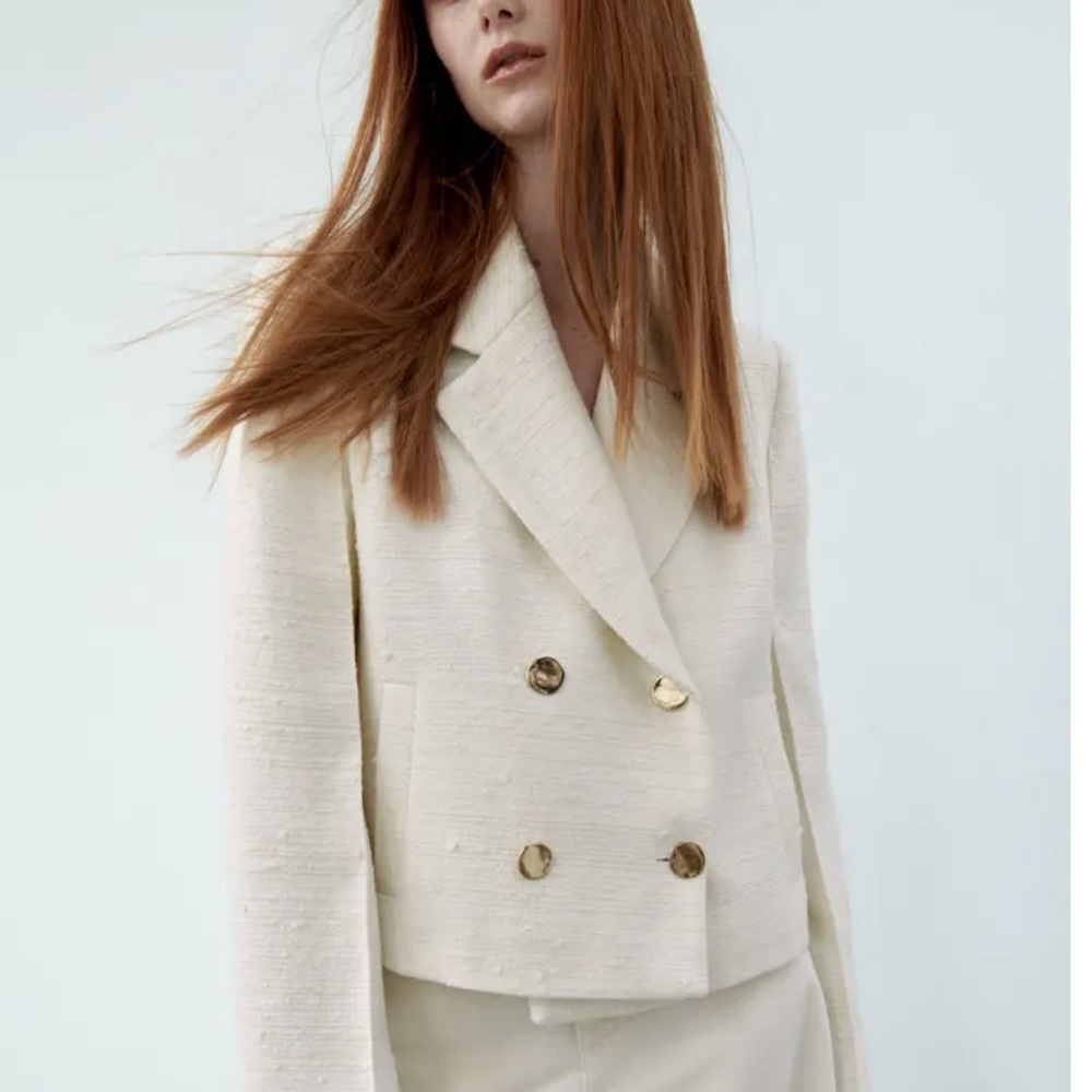 ZARA WOMAN Size XS Textured Cropped Blazer Short Jacket Cream White Gold Buttons